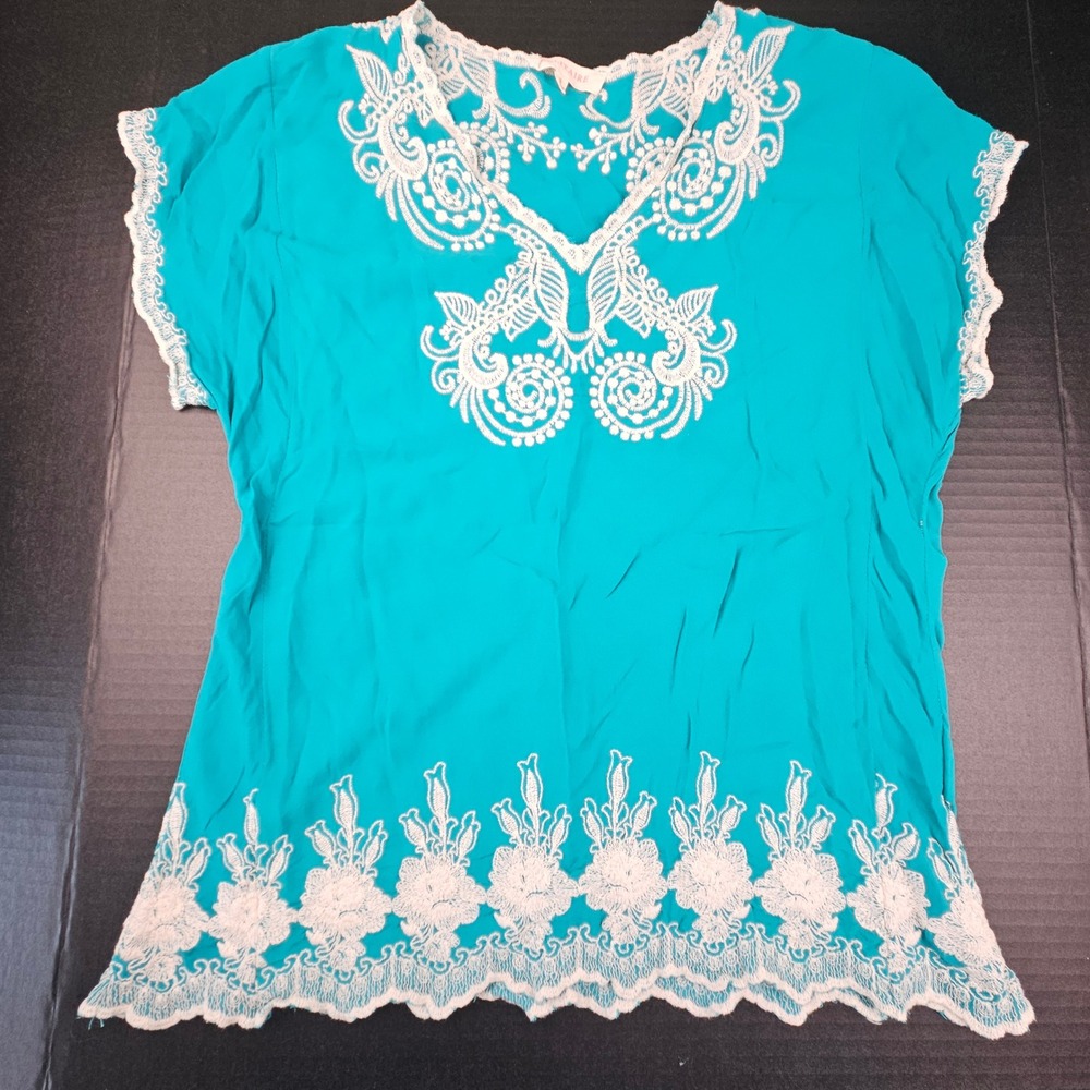 Solitaire Teal Boho Embroidered Blouse Short Sleeve Top Small 90s Inspired
